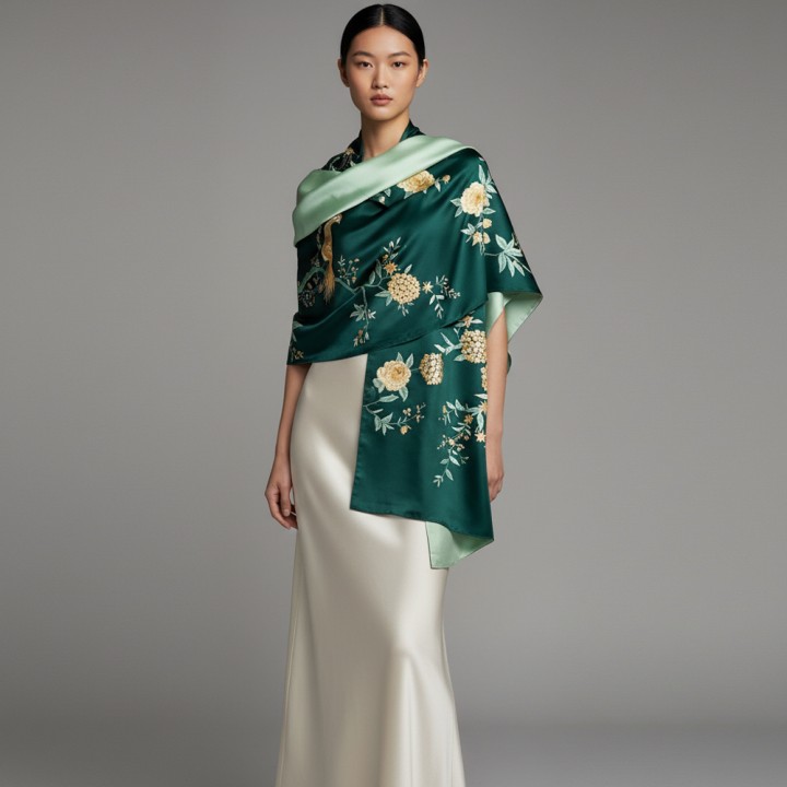 Khăn lụa 2 mặt xanh thêu chim phượng và hoa 55*200 cm